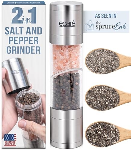 Eparé 2 in 1 Salt and Pepper Grinder Combo – Manual Dual Salt and Pepper Grinder in One for Kitchen Use – Stainless Steel Himalayan Salt Grinder Refillable All-in-One - Image 1