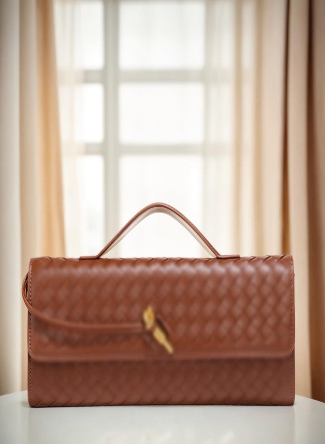 JYG Woven Handbag for Women Fashion Evening Shoulder Bag PU Leather Handmade Clutch Purse Brown Casual Crossbody Bags 2024 - Image 2