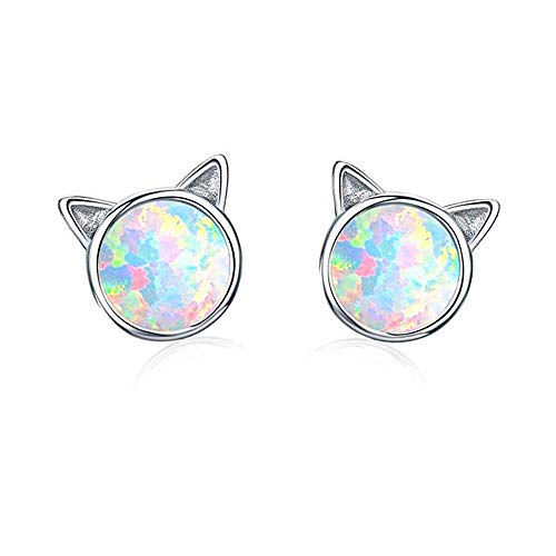 CiNily Cat Ear Stud Earrings-White Opal Stud Earrings White Gold Plated Kitten Earrings Cute Cat Earring Studs for Little Earrings - Image 1