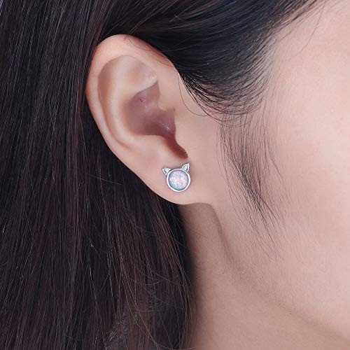 CiNily Cat Ear Stud Earrings-White Opal Stud Earrings White Gold Plated Kitten Earrings Cute Cat Earring Studs for Little Earrings - Image 3