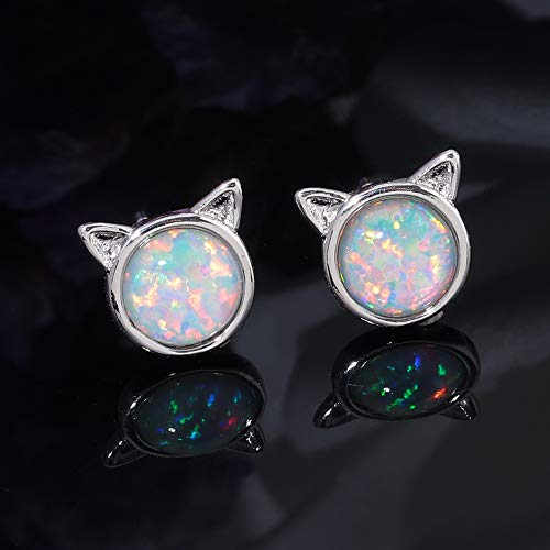 CiNily Cat Ear Stud Earrings-White Opal Stud Earrings White Gold Plated Kitten Earrings Cute Cat Earring Studs for Little Earrings - Image 5