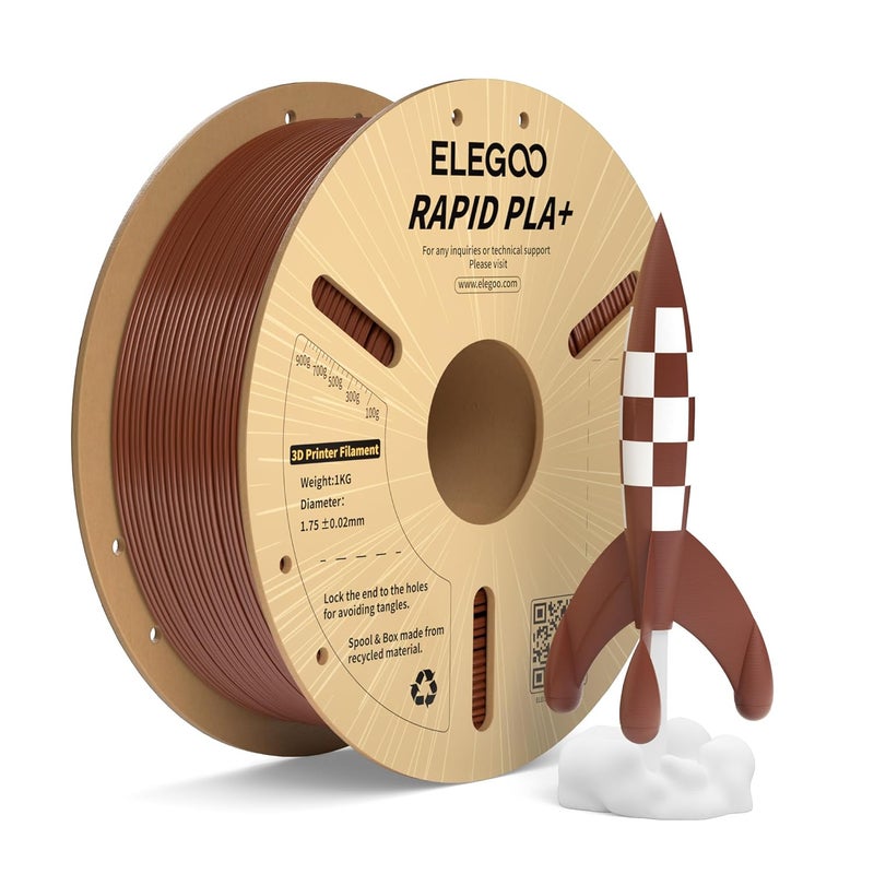 ELEGOO خيوط PLA Plus سريعة 1.75 مم بني 1 كجم، خيوط طابعة ثلاثية الأبعاد PLA+ لطباعة عالية السرعة من 30-600 مم/ث، دقة أبعاد +/- 0.02 مم، بكرة كرتونية 1 كجم (2.2 رطل) - Image 1