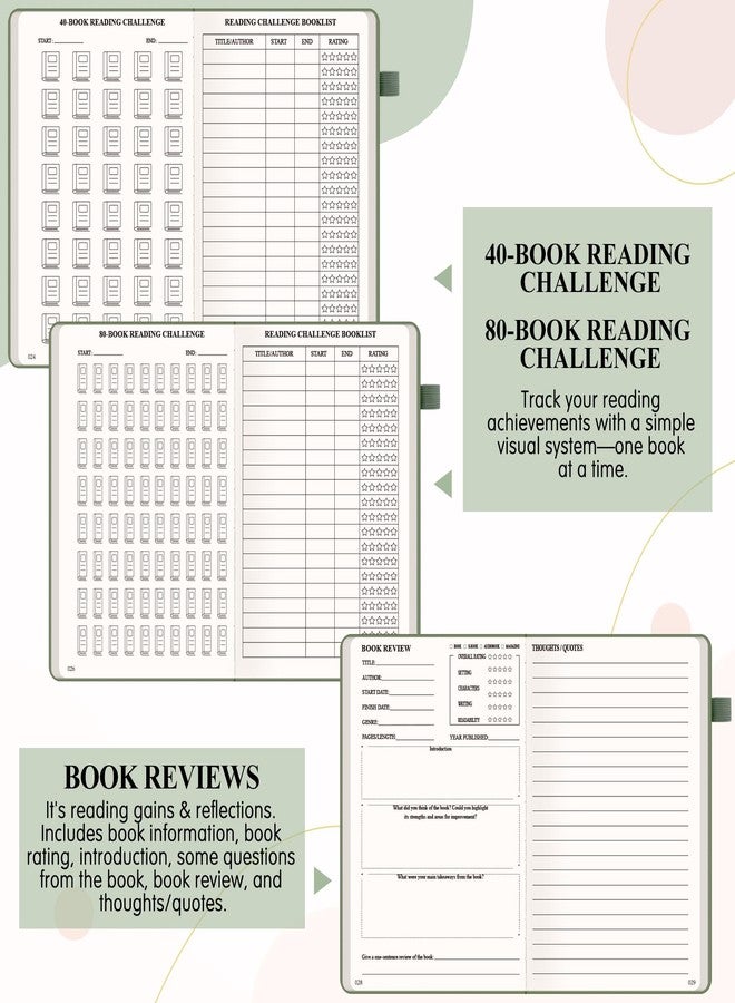 AKONEGE Reading Journal for Book Tracking - A5 PU Leather Book Journal Reading Log with 80 Reviews for Readers, Accessories with Sticky Tabs, Pen Holder, Ribbon Bookmarks, 5.6" x 8.3", Dark Green - Image 4