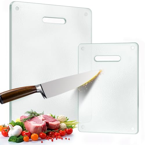 Tempered Glass Cutting Board for Kitchen 2PCS Clear Chopping Board with Handle 16x12  12x8 Plastic Free Scratch Resistant Heat Resistant Dishwasher Safe Nontoxic Easy to Clean