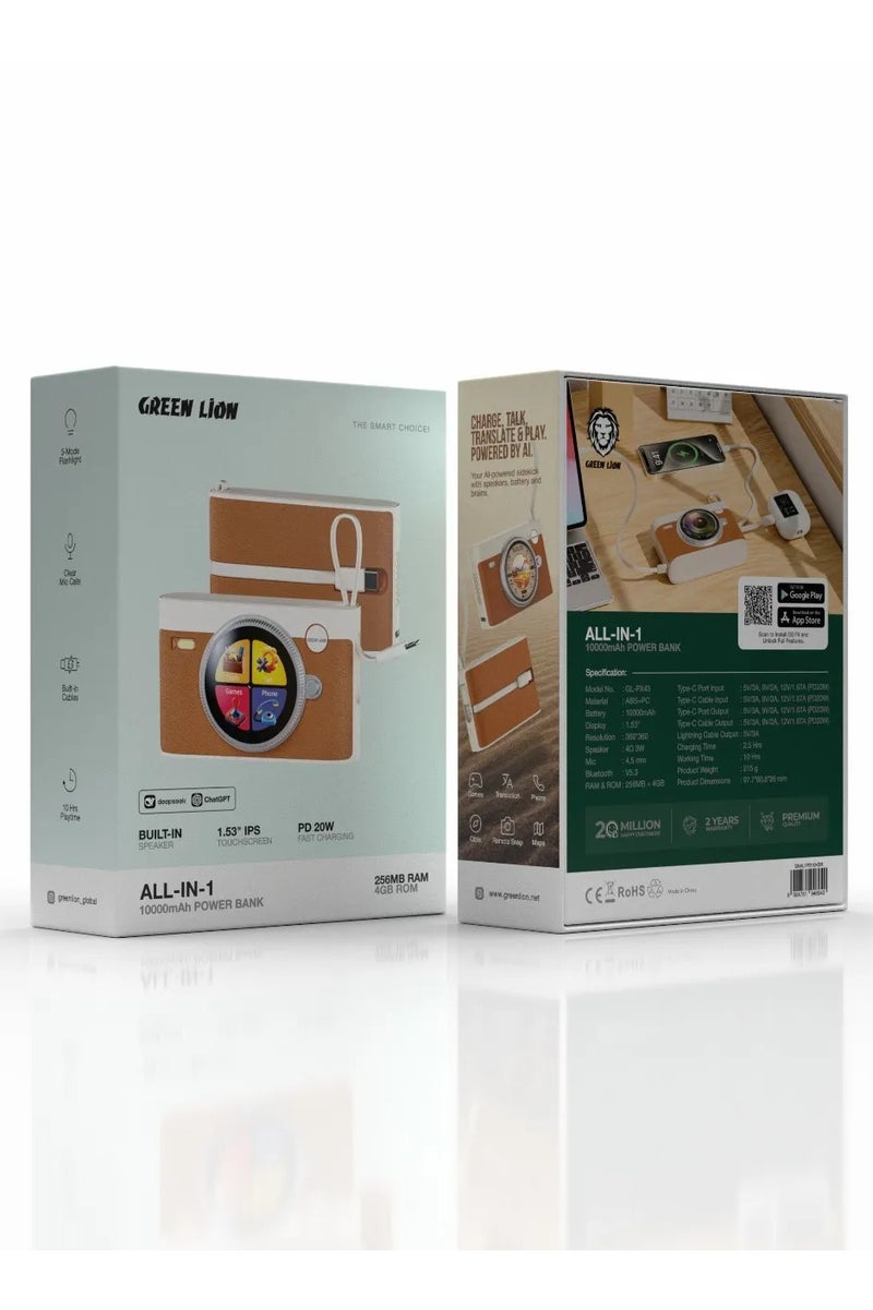 GREEN LION All In 1 Powerbank 10000mAh, Flashlight & Translator Powered by AI with Built in Games, Maps ,Remote Snap, Speaker & Clear Mic for Call / 10H Playtime / Fast Charger Power Banks 10000 mAh / RAM & ROM: 256MB + 4GB - Brown - Image 3