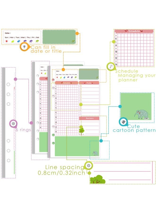 Rancco A6 Planner Inserts Daily Planner Refills, 90 Pages Colorful 6-Ring Loose-leaf Binder Inserts w/Divider, PVC Pouch, Ruler, Index Tab for Journal, Filofax, Double-sided, Undated,6.9x3.7" - Image 2