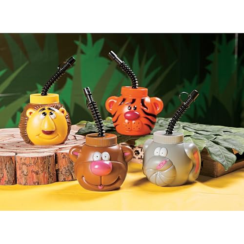Fun Express Kids Cups with Lids and Straws 12 Pack Safari Zoo Animal Party Supplies with Bear Lion Tiger Elephant Designs 14 oz Plastic Cups for Birthday Parties Baby Showers - Image 5
