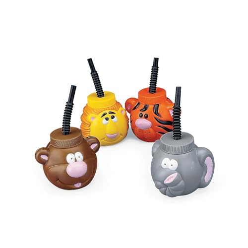 Fun Express Kids Cups with Lids and Straws 12 Pack Safari Zoo Animal Party Supplies with Bear Lion Tiger Elephant Designs 14 oz Plastic Cups for Birthday Parties Baby Showers - Image 1