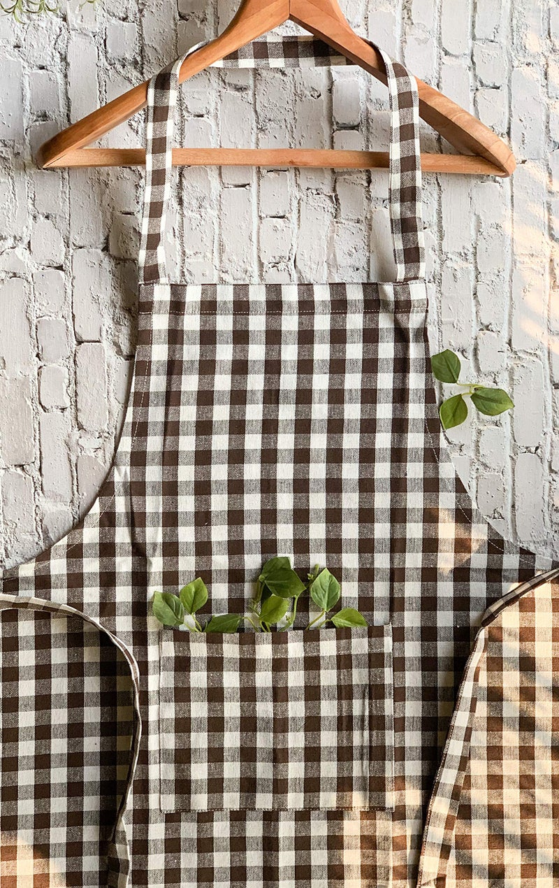 PIXEL HOME DECOR Pixel Home Cotton Apron 100% Cotton Check Kitchen Apron with Front Center Pocket Best Design Apron (Black Checked) - Image 4