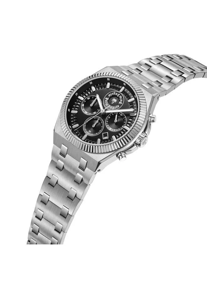 Palm Angels Imperium Black Dial Silver Stainless Steel Bracelet Dual Time Watch for Men, 43mm