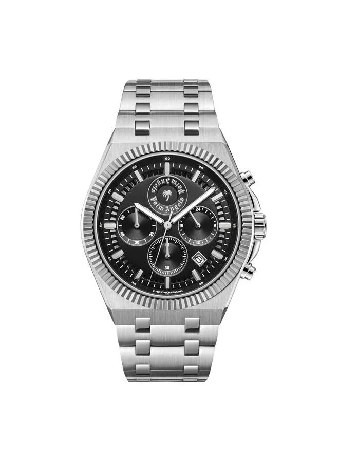 Palm Angels Imperium Black Dial Silver Stainless Steel Bracelet Dual Time Watch for Men, 43mm
