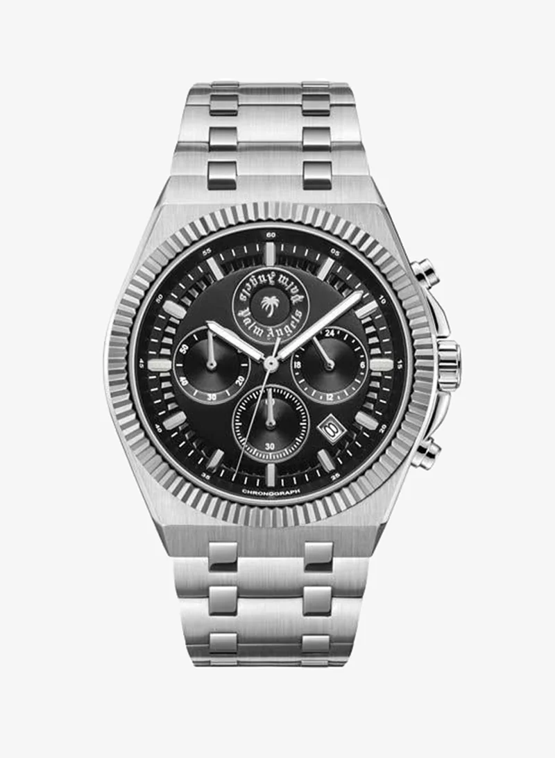 Palm Angels Imperium Black Dial Silver Stainless Steel Bracelet Dual Time Watch for Men, 43mm