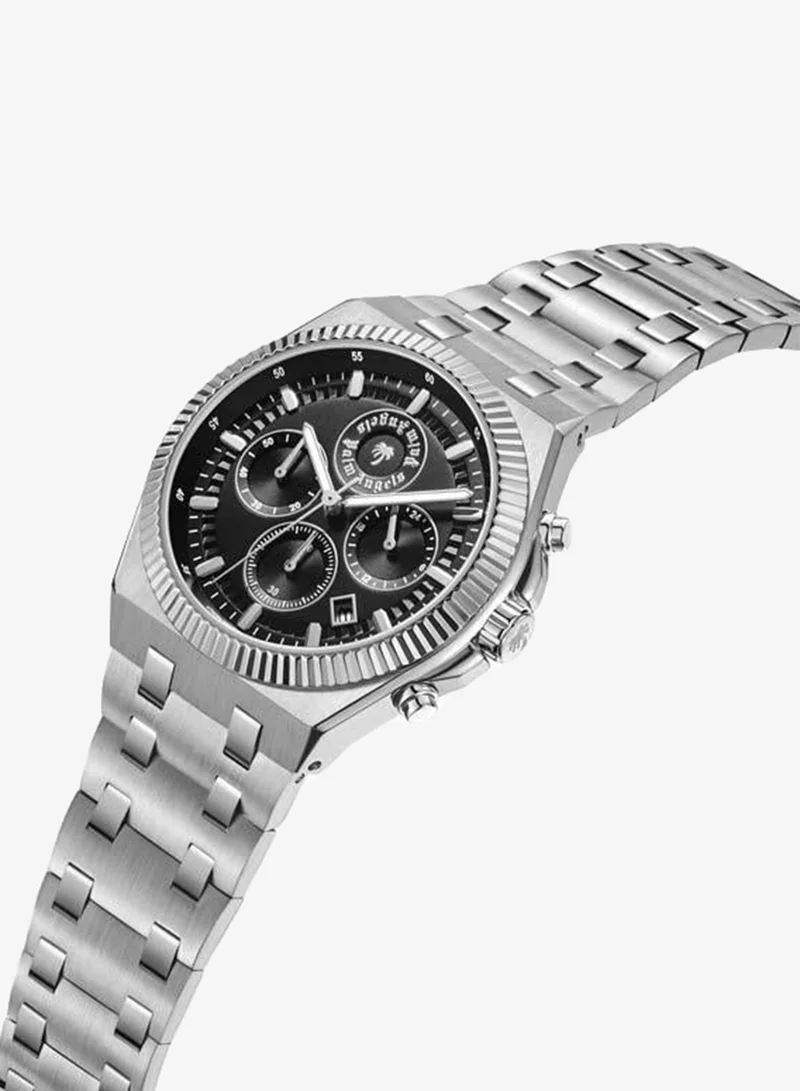 Palm Angels Imperium Black Dial Silver Stainless Steel Bracelet Dual Time Watch for Men, 43mm