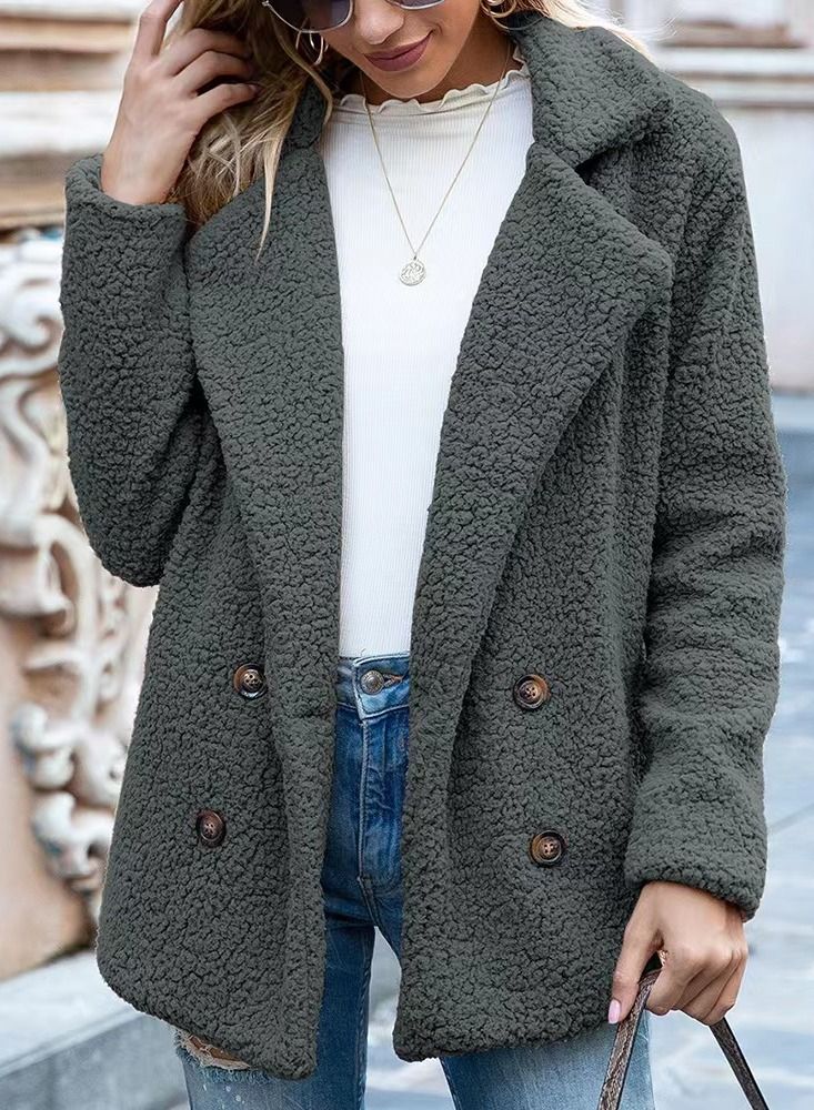 Autumn/Winter European Lapel Loose Goat Cake Wool Coat Dark Grey