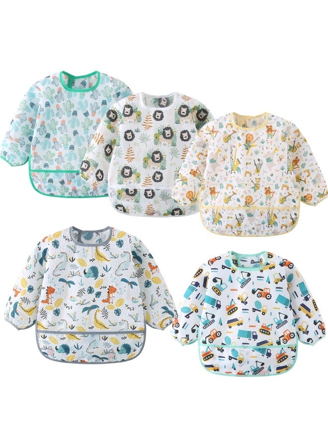 ElecMotive ElecMotive 5 Pack Long Sleeve Bib, Baby Toddler Waterproof Sleeved Bib for 6-30 Months Reusable with Catch-all Pocket  - Image 1