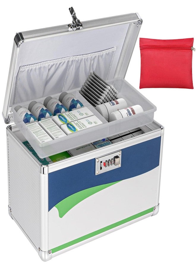 LOCKCURX Medication Lock Box, 10x6x6.7 Inch Aluminum Alloy Medication Safe, First Aid Box with Detachable Tray & Travel Pouch, Childproof & Privacy Medicine Box for Home, Travel, Dorm (Blue) - Image 1