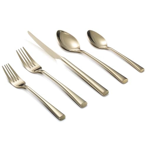 Alata Bailey Champagne Gold 20Piece Forged Stainless Steel Flatware Set Cutlery Set Service for 4 Silver Finish Dishwasher Safe - Image 1