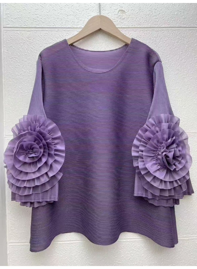 Unpleated Spring New Lotus Leaf Sleeve Handmade Flower Pleated Solid Color Plus Size Top 