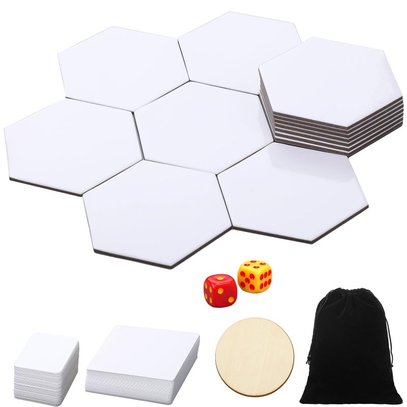 AceOrbit Blank Board Game Set 20 Pcs Hexagon Blank Board Game with Dice Playing Cards Wood Chips Velvet Bag Create Your Own Whiteboard Tiles for DIY Family Games - Image 3