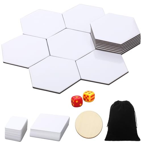 AceOrbit Blank Board Game Set 20 Pcs Hexagon Blank Board Game with Dice Playing Cards Wood Chips Velvet Bag Create Your Own Whiteboard Tiles for DIY Family Games - Image 1