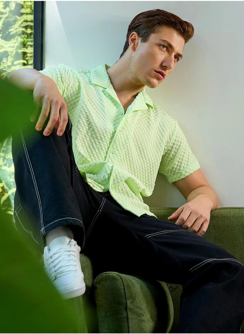 كامبوس سوترا Men's Lime Green Self-Design Box Shirt