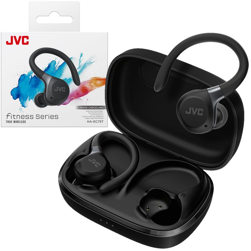 JVC Fitness Series True Wireless Sport Earbuds with Adjustable Hooks, Active Noise Cancelling, Ambient Sound Mode, IP57 Waterproof, 40hr Long Battery Life, App EQ, Low Latency, Mic HAEC75TB Black - Image 1