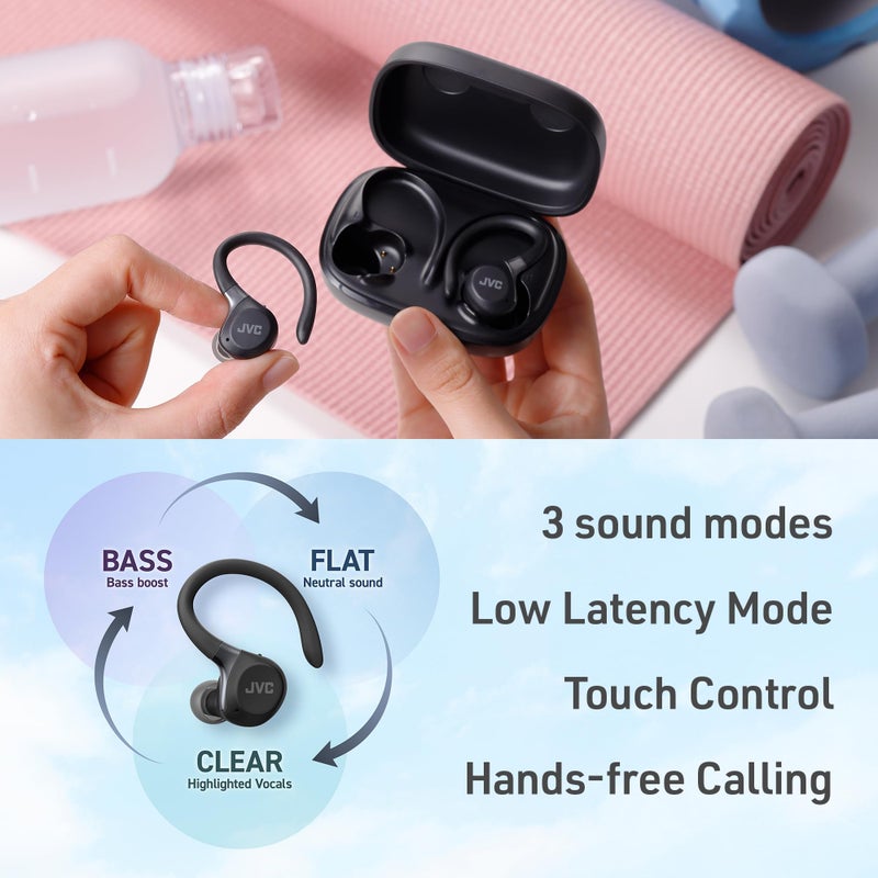 JVC Fitness Series True Wireless Sport Earbuds with Adjustable Hooks, Active Noise Cancelling, Ambient Sound Mode, IP57 Waterproof, 40hr Long Battery Life, App EQ, Low Latency, Mic HAEC75TB Black - Image 3