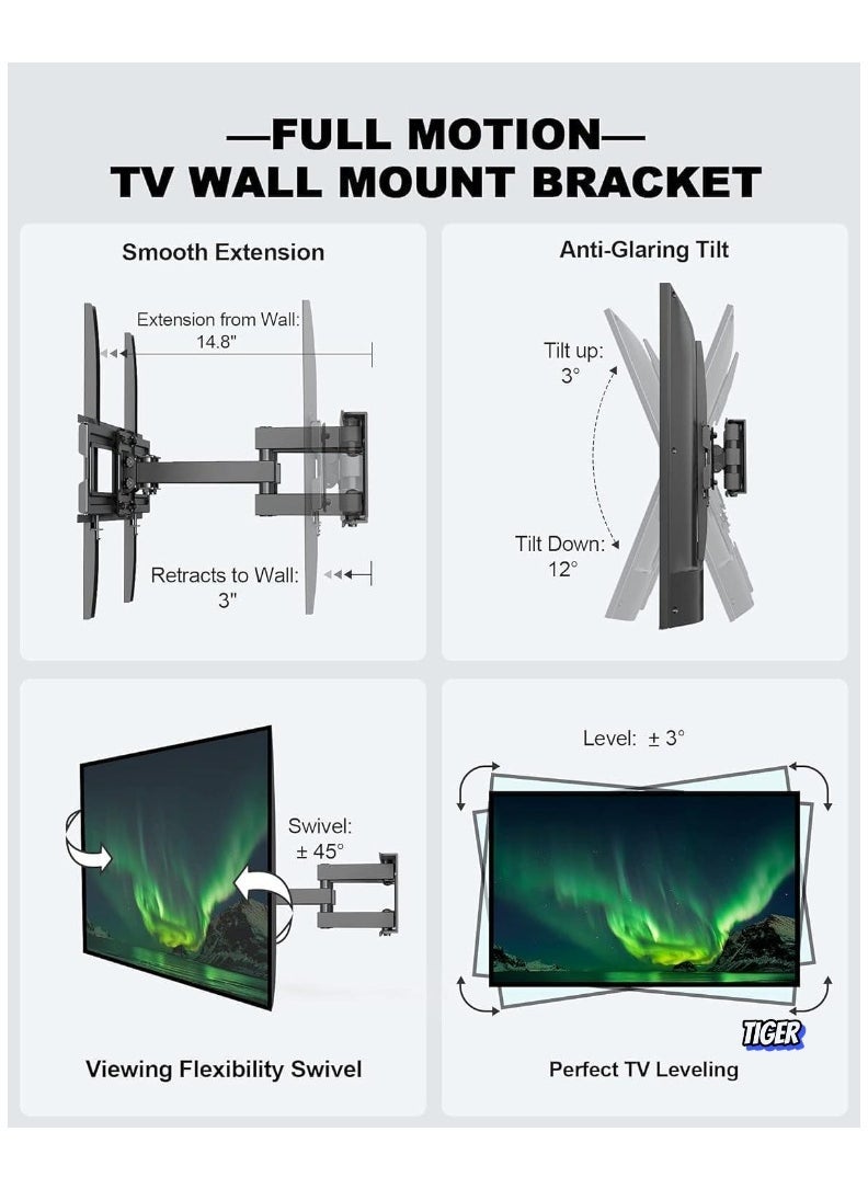 TIGER Full Motion TV Wall Mount Bracket for 26-55 Inch LED, LCD, OLED TVs – Dual Articulating Swivel Arms, Tilts & Rotates, Max VESA 400x400mm, Holds up to 99 lbs  - Image 2