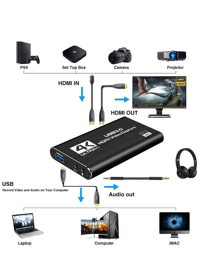 KASTWAVE Audio Video Capture Card, HDMI USB3.0 4K 1080P 60fps Reliable Portable Video Converter for Game Streaming Live Broadcasts Video Recording Black  - Image 3