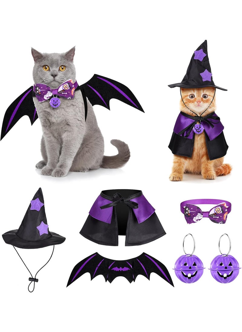 Reginary 6 Pcs Cat Halloween Costumes Set Funny Wizard Cat Clothes Cloak Wings Halloween Adjustable Cat Hats Bow Ties Neckties Halloween Ornament Bells  - Image 1