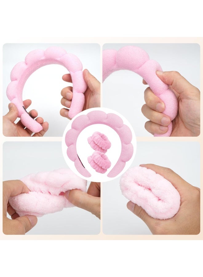 Wristband Set for Face Washing – Soft Terry Cloth Bubble Headband, Puffy Padded Headwear Non Slip Thick Hair Accessory (pink ) - Image 5