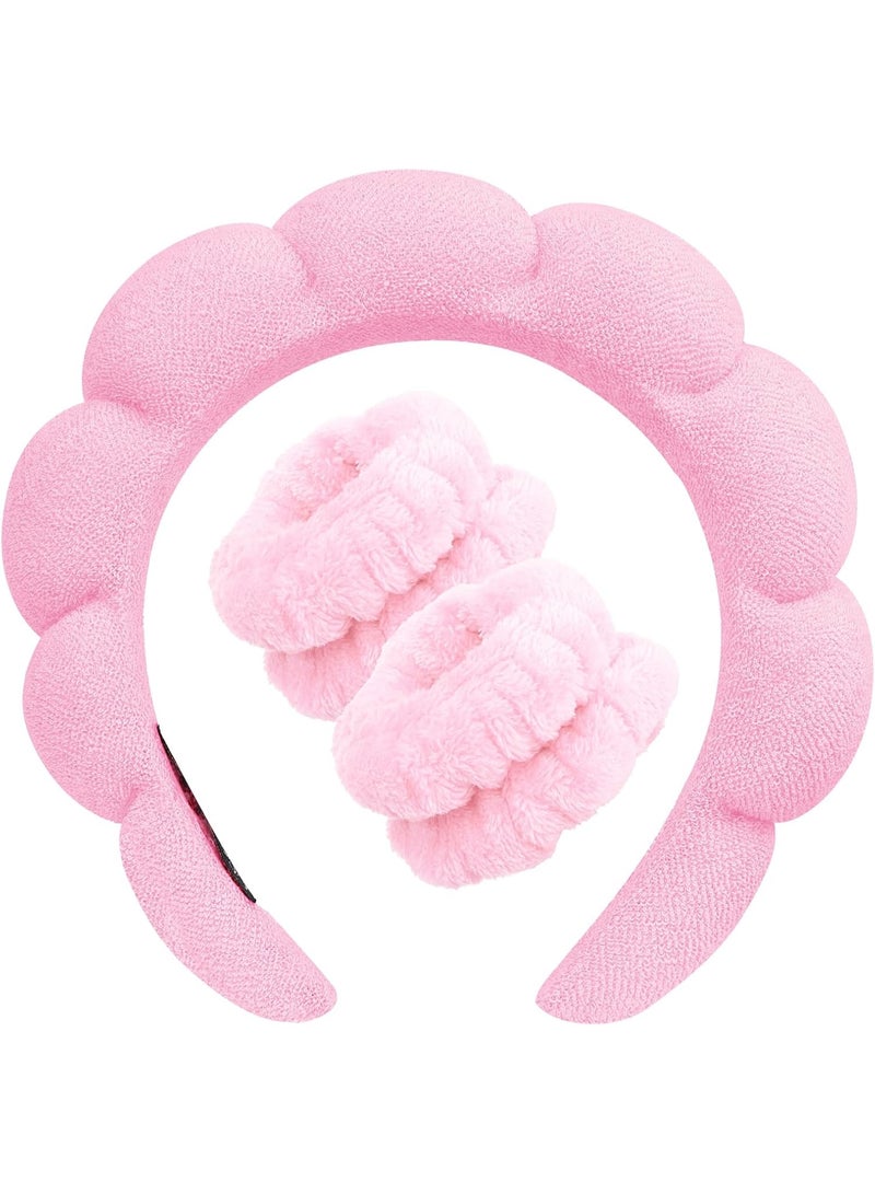 Wristband Set for Face Washing – Soft Terry Cloth Bubble Headband, Puffy Padded Headwear Non Slip Thick Hair Accessory (pink ) - Image 1