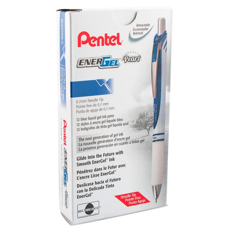 Pentel Energel Rtx Pearl Retractable Liquid Gel Pen  (0.7Mm) Medium Line  Needle Tip  Blue Ink  12 Pack (Bln77Pw-C) - Image 1