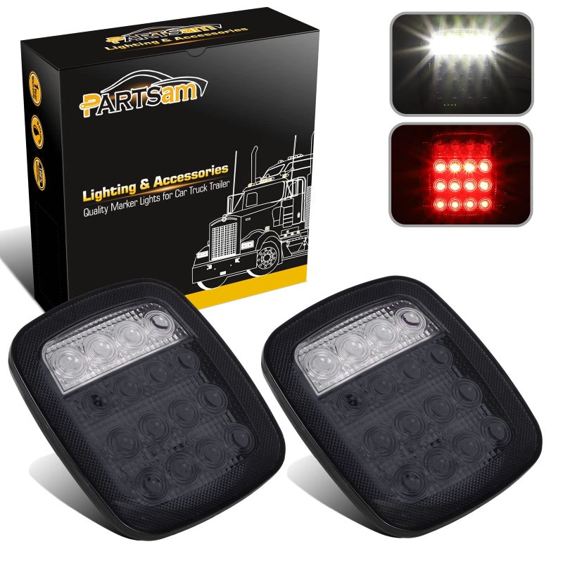 Partsam 2x LED Tail Lights 16LED Stop Brake Turn Reverse Tail Light Combination 125050 Red 45050 White Smoke Lens Compatible with Wrangler YJ TJ CJ Pickup Truck Trailer RV