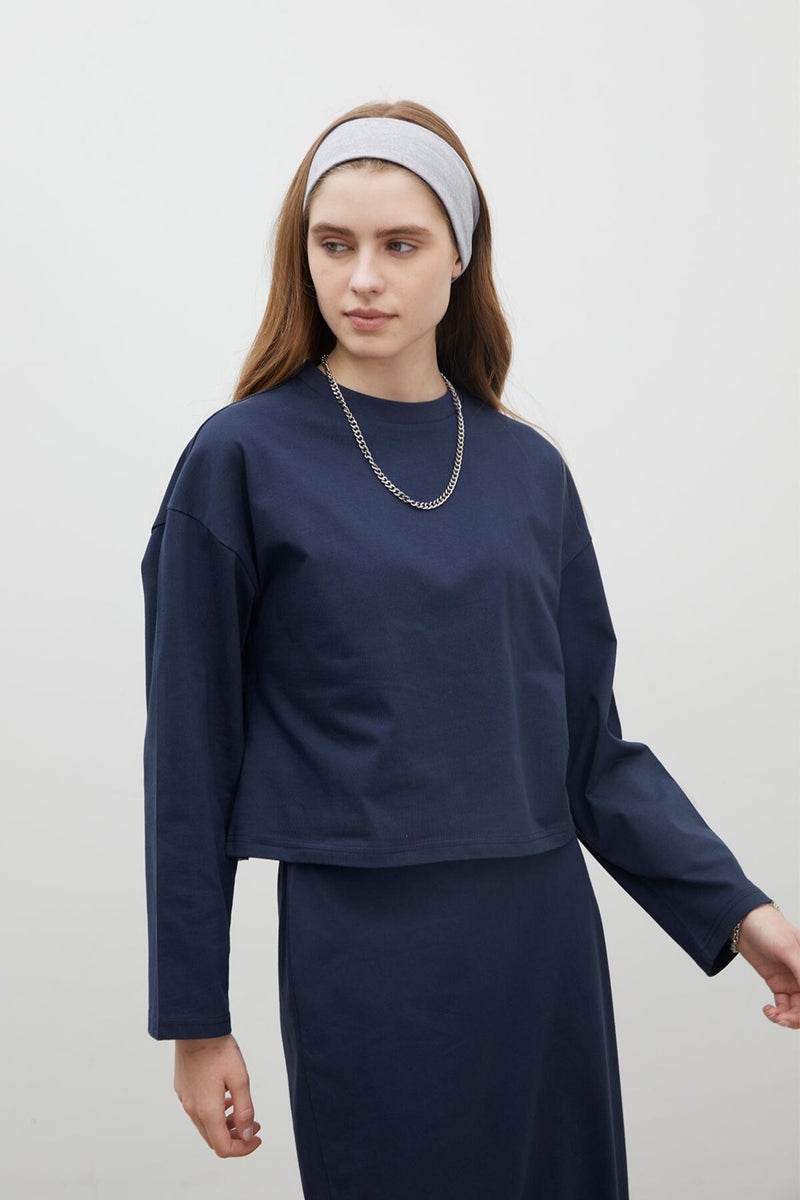 Manuka Long Sleeve Cotton Crop T-Shirt Navy Blue  - Image 1
