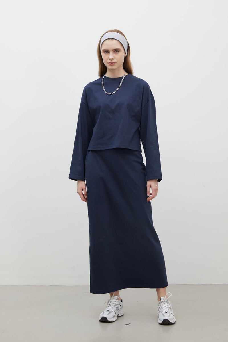Manuka Long Sleeve Cotton Crop T-Shirt Navy Blue  - Image 2