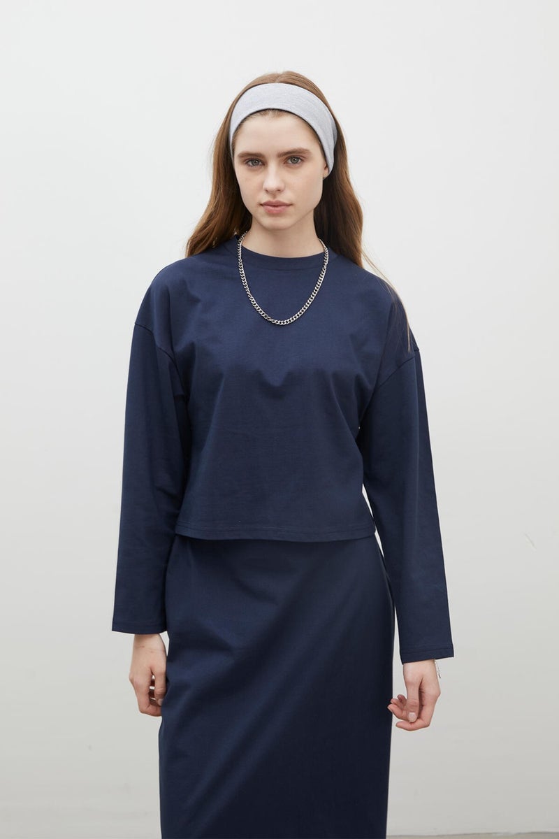 Manuka Long Sleeve Cotton Crop T-Shirt Navy Blue  - Image 3