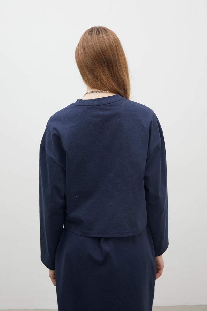 Manuka Long Sleeve Cotton Crop T-Shirt Navy Blue  - Image 4