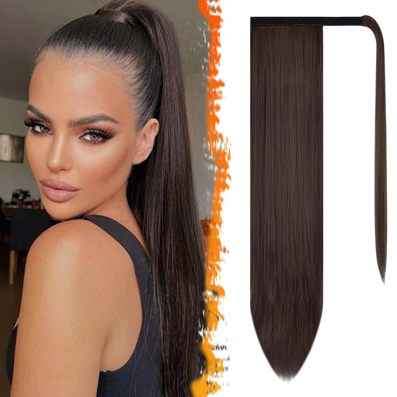 BARSDAR Brown Straight Wrap Ponytail Extension  26 Inch Long Straight Wrap Around Ponytails for Black Women Synthetic Clip in Pony Tails Hairpieces  Darkest Brown mix Auburn