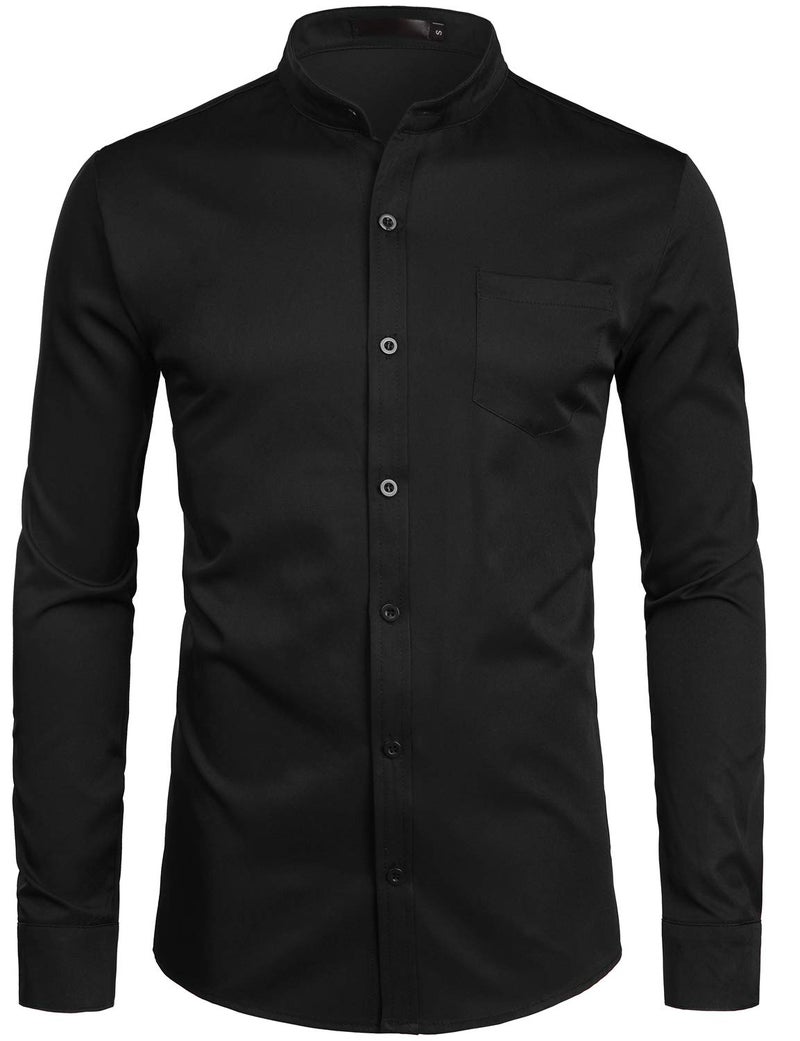 ZEROYAA Mens Banded Collar Slim Fit Long Sleeve Casual Button Down Dress Shirts with Pocket ZLCL09 Black Medium