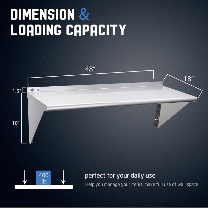 Profeeshaw NSF Stainless Steel Shelf 18” x 48”, 400 lb Commercial Shelves Wall Mounted Metal Shelving with Backsplash and 2 Brackets for Restaurant, Bar, Utility Room, Kitchen and Garage - Image 3