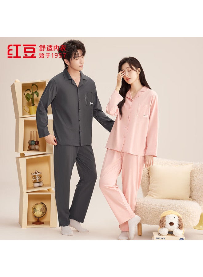 Hongdou Women's 7a Antibacterial Pure Cotton Cartoon Print Lapel Long Sleeve Cardigan Loose Fit Couple Cotton Homewear Set