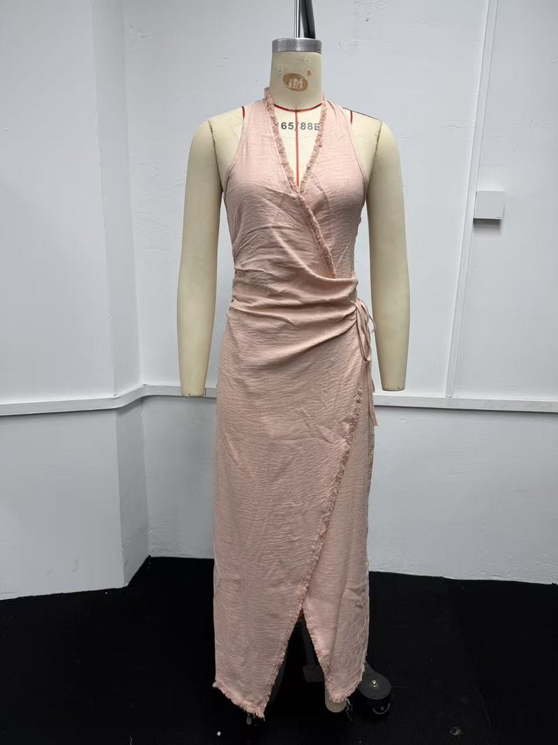 Elegant Bohemian Floral Deep V-Neck Halter Crossbody Maxi Dress for Women - Pink