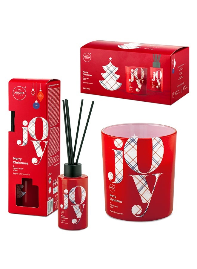 Aroma Home Joy Meri Christmas & New Year Apple & Cinnamon Gift Set, Scented Reed Diffuser 100ml & Candle 150g, Red, Made in Poland - Image 1
