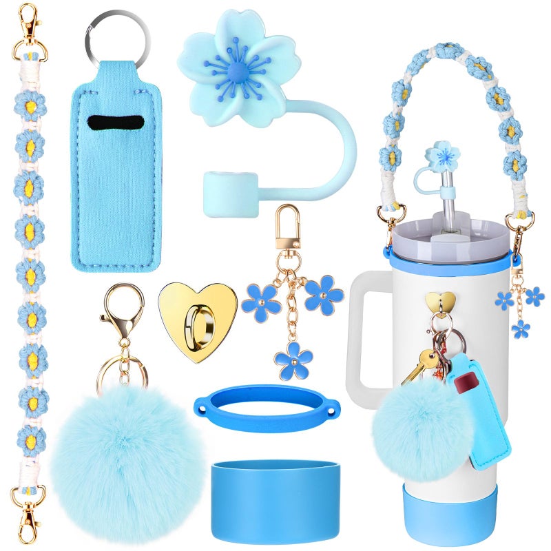 Mity rain Cup Accessories for Stanley Cup 30oz 40oz Tumbler with Handle Including Water Bottle Handle Strap Chapstick Holder Boot Keychain Charms Straw Topper Cover Cap for Stanley Blue