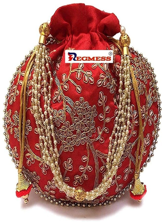 REGMESS Rajasthani Style Royal Clutch Silk Batwa Bag/Ethnic Potli Women's Potli/potli for Gift/potli for Women Party (Red) - Image 2
