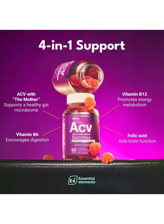 Essential Elements Apple Cider Vinegar Gummies from The Mother - Naturally-Sourced, Vegan ACV with Folic Acid and Vitamin B6 & B12 (2 Pack) - Image 2