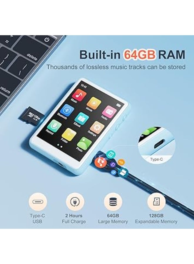 MECHEN مشغل MP3 بلوتوث 5.3 مع شاشة تعمل باللمس، مشغل MP3 64GB مع مكبر صوت، صوت هاي فاي، راديو اف ام، موسيقى، فيديو، كتاب الكتروني، مسجل صوت، يتضمن حافظة واقية (ازرق) - Image 5