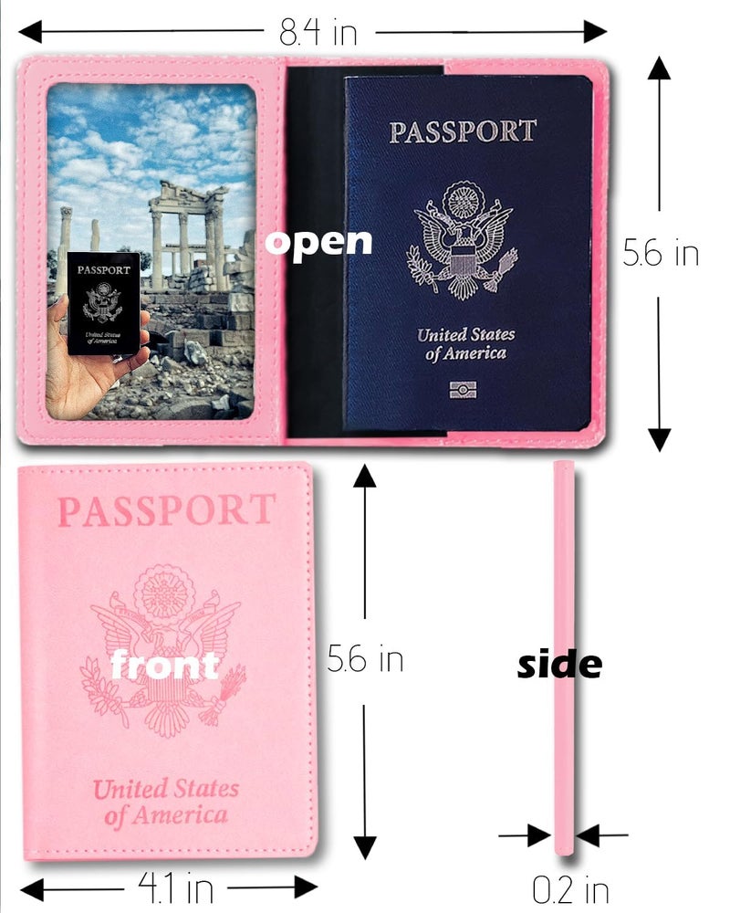 Sizobi Leather Passport Holder Covers Case, Passport Book Wallet Card Slot Luggage Tag, International Travel Must Haves Travel Accessories for Women Men, Cruise Ship Essentials, Travel Gifts, Pink - Image 2