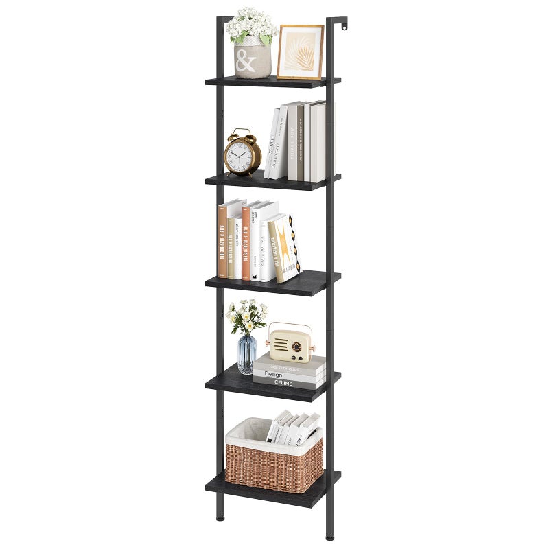 ELYKEN Ladder Shelf, 5-Tier Wood Wall Mounted Bookshelf with Metal Frame, Vintage Open Display Organizer Rack, Leaning Storage Shelves for Living Room, Bedroom, Home Office, Black - Image 1